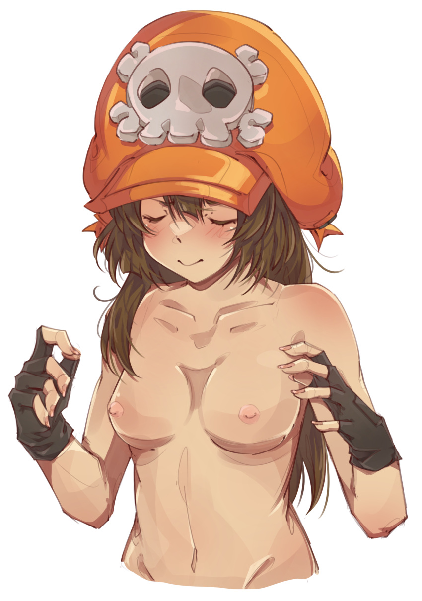 1girls blush breasts closed_eyes collarbone exposed_breasts exposed_nipples female gloves guilty_gear guilty_gear_strive hat long_hair may_(guilty_gear) mil17459623 naked nipples nude small_breasts solo tummy