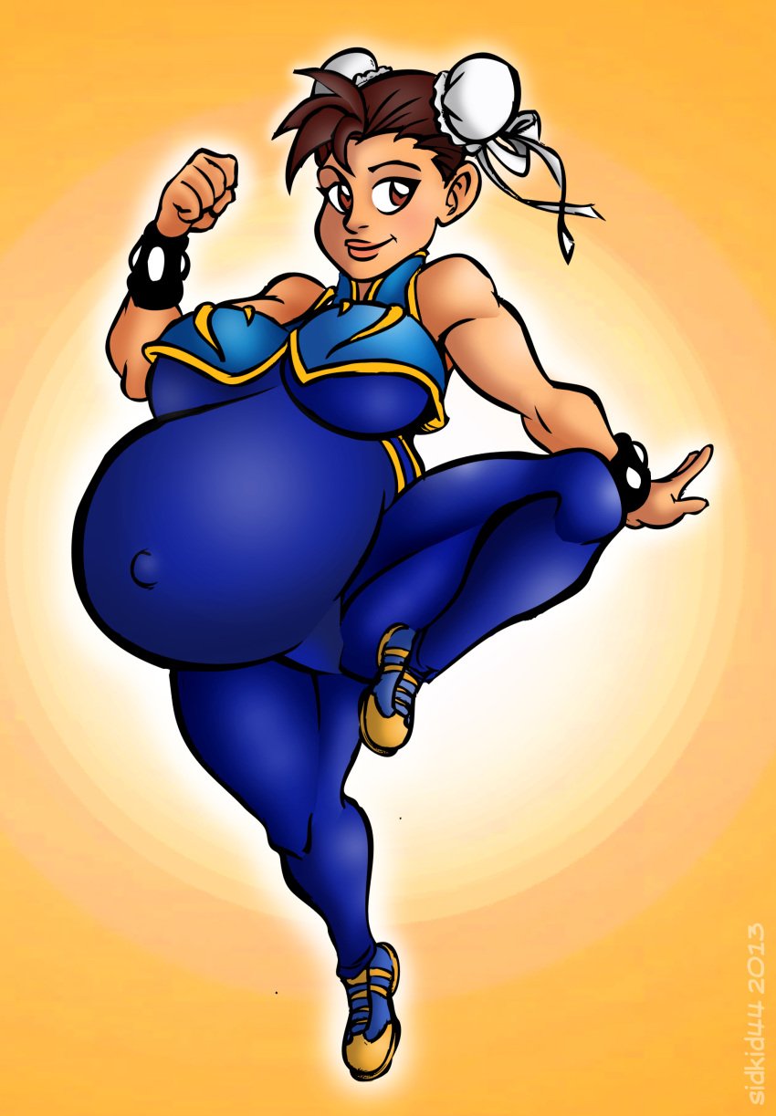 1girls big_belly brown_eyes brown_hair chun-li disproportional female female_only hyper_belly pregnant ready_to_pop sidkid44 solo solo_female street_fighter street_fighter_alpha