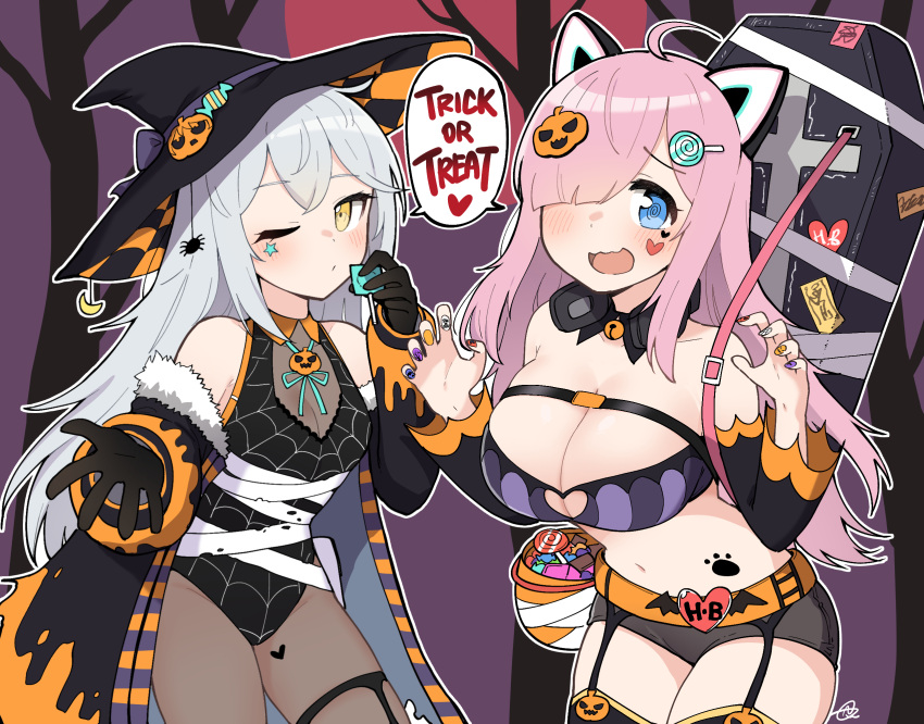 2girls :d @_@ ahoge alternate_costume animal_ears bandages bandeau bare_shoulders black_coat black_gloves black_headwear black_legwear black_leotard black_shorts blue_eyes blush breasts brown_legwear cat_ears claw_pose cleavage cleavage_cutout closed_mouth clothing_cutout coat coffin counter:side cowboy_shot crop_top detached_collar detached_sleeves facial_mark fake_animal_ears female fur_trim gaeun gaeun_(counter:side) garter_straps gloves hair_ornament hair_over_one_eye hairclip halloween halloween_costume hat headphones headphones_around_neck heart heart_cutout highres holding junsuina_fujunbutsu large_breasts leotard long_hair long_sleeves looking_at_viewer micro_shorts midriff miya_(counter:side) multiple_girls nail_art nail_polish navel off_shoulder one_eye_closed open_clothes open_coat open_mouth painted_nails pantyhose pink_hair revealing_clothes shorts smile speech_bubble spider_web_print star_(symbol) stomach striped tattoo thighhighs thighs trick_or_treat white_hair witch_hat yellow_eyes