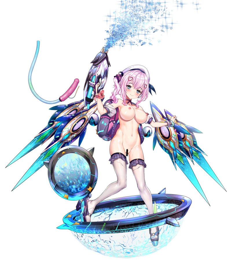 absurdres backpack bag bar_censor blue_eyes blush breasts censored detached_sleeves dildo hair_ornament hat heart heart_hair_ornament highres large_breasts long_hair mechanical_wings nipples nude one_side_up original pink_hair q_azieru sex_toy smile thighhighs transparent_background water_gun white_thighhighs wings