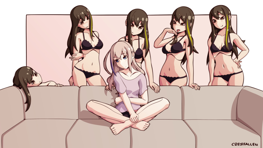 6girls black_lingerie blouse blue_eyes brown_eyes brown_hair couch crestfallen163 girls'_frontline imminent_sex imminent_yuri lingerie m4a1_(girls'_frontline) meme pink_hair piper_perri_surrounded shirt simple_background st_ar-15_(girls'_frontline) surrounded