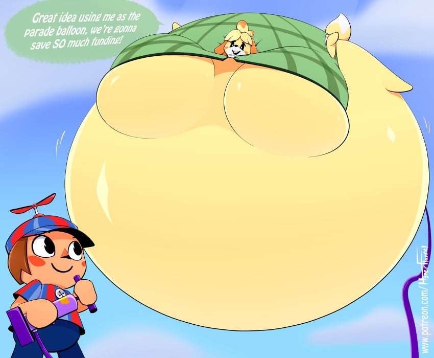 air_inflation animal_crossing anthro balloon_transformation belly_expansion belly_inflation big_belly big_breasts body_inflation breast_expansion breast_inflation clothes_stretching floating full_body_inflation furry hose_inflation huge_belly huge_breasts hyper_belly hyper_breasts hyper_inflation hyperflannel inflation isabelle_(animal_crossing) massive_belly massive_breasts nintendo sunken_head sunken_limbs underboob villager_(animal_crossing)