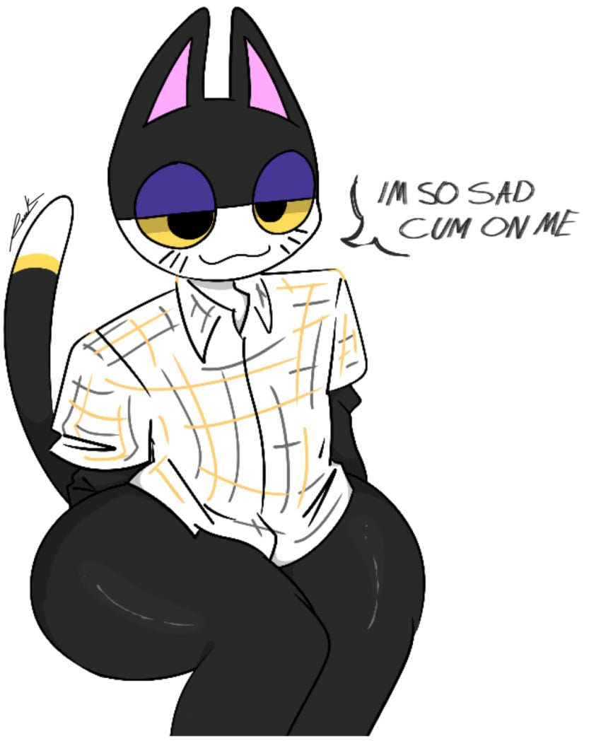 1boy 1male animal_crossing big_thighs bluemannsfw catboy dialogue erick1778 feline femboy gay male_only only_male punchy_(animal_crossing) sitting solo