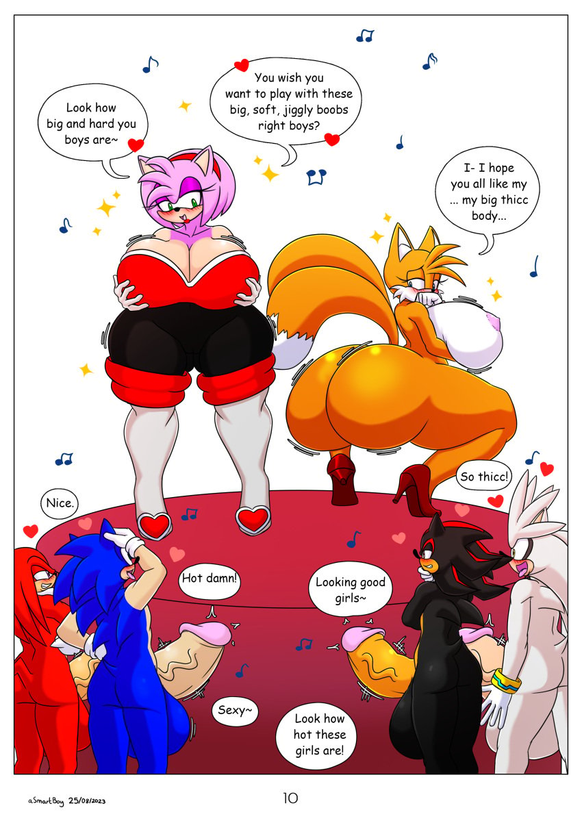 2girls 4boys absurd_res amy_rose amy_the_bat anthro asmartboy ass balls big_balls big_breasts big_butt big_penis breasts clothing dat_ass dialogue echidna female footwear fox furry genitals group hedgehog hi_res high_heels huge_balls huge_breasts huge_butt huge_cock hyper hyper_balls hyper_breasts hyper_genitalia hyper_penis knuckles_the_echidna male multiple_boys nipples nude penis rouge_the_bat_(cosplay) rule_63 sega shadow_the_hedgehog silver_the_hedgehog sonic_(series) sonic_the_hedgehog sonic_the_hedgehog_(series) speech_bubble tails tails_the_fox tailsko twerking