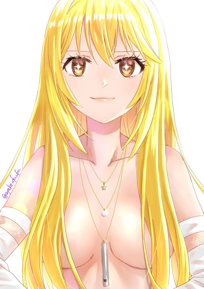 +_+ 1girls 2020 2020s ayuko_(ayuko54bornthisway) blonde_hair breasts brown_eyes closed_mouth collarbone detached_sleeves eyelashes female hair_between_eyes hair_over_breasts hi_res jewelry light_skin light_skinned_female long_hair looking_at_viewer medium_breasts necklace nude shokuhou_misaki simple_background smile solo star_(symbol) star_necklace straight_hair symbol-shaped_pupils teenage_girl teenager to_aru_kagaku_no_railgun to_aru_majutsu_no_index twitter_username unusual_pupils upper_body very_long_hair white_background white_sleeves young