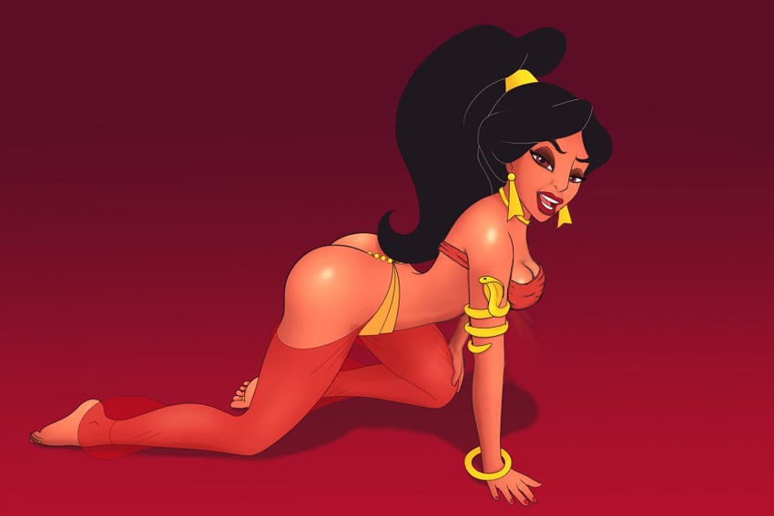 1girls aladdin all_fours arabian arabian_clothes armlet black_hair bracelet choker disney disney_princess evil_queen_jasmine harem_outfit jafar_harem_outfit madmaxwell ponytail princess princess_jasmine rivawi royalty toe_ring