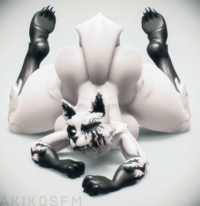 3d_(artwork) akikosfm anthro ass black_hands black_sclera breasts claws digital_media_(artwork) feet felid feline female fur hi_res ink looking_at_viewer mammal nude one_eye_closed scp-1913-1 scp_foundation simple_background solo source_filmmaker tail toe_claws white_background white_body white_eyes white_fur wink