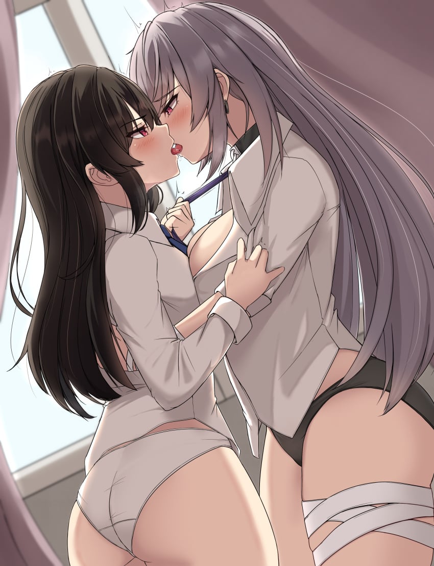 2girls absurdres ass bandaged_leg bandages black_hair black_panties blush breast_press breasts cleavage counter:side curtains eujin french_kiss grey_hair highres hug kissing large_breasts long_hair long_sleeves medium_breasts multiple_girls necktie necktie_grab neckwear_grab panties pink_eyes pulling_tie sseong underwear white_panties window xiao_lin_(counter:side) yuri