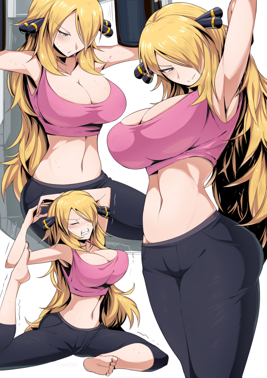 1girls 2020 5_fingers 5_toes alternate_breast_size armpits ass ass bare_midriff bare_shoulders barefoot belly belly_button big_ass big_breasts big_butt blonde_hair breasts cleavage cynthia_(pokemon) female female_only fully_clothed hair_over_one_eye hips huge_ass huge_breasts huge_butt human large_ass large_breasts large_butt long_hair navel nintendo only_female pokemon pokemon pokemon_champion pokemon_dppt solo solo_female sports_bra stretching suzusiigasuki sweat thick thick_ass thick_thighs thighs white_background white_skin wide_hips yoga_pants