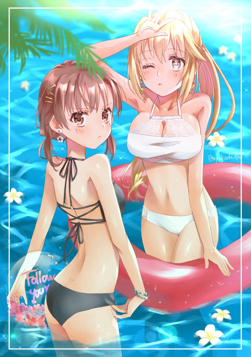 +_+ 2020 2020s 2girls adjusting_clothes adjusting_swimsuit arched_back ayuko_(ayuko54bornthisway) ball beachball bikini black_bikini black_ribbon blonde_hair blurry blurry_foreground blush breasts brown_eyes brown_hair cleavage closed_mouth collarbone cowboy_shot earrings female floating_hair flower framed frown hair_ornament hairclip halterneck hi_res holding holding_ball innertube jewelry large_breasts long_hair looking_at_viewer looking_back low_twintails matching_hair/eyes misaka_mikoto multiple_girls one_eye_closed outdoors ponytail ribbon shiny_skin shokuhou_misaki short_hair short_twintails shoulder_blades small_breasts standing summer swimsuit thigh_gap to_aru_kagaku_no_railgun to_aru_majutsu_no_index twintails unusual_pupils very_long_hair wading wet white_bikini white_flower yellow_eyes