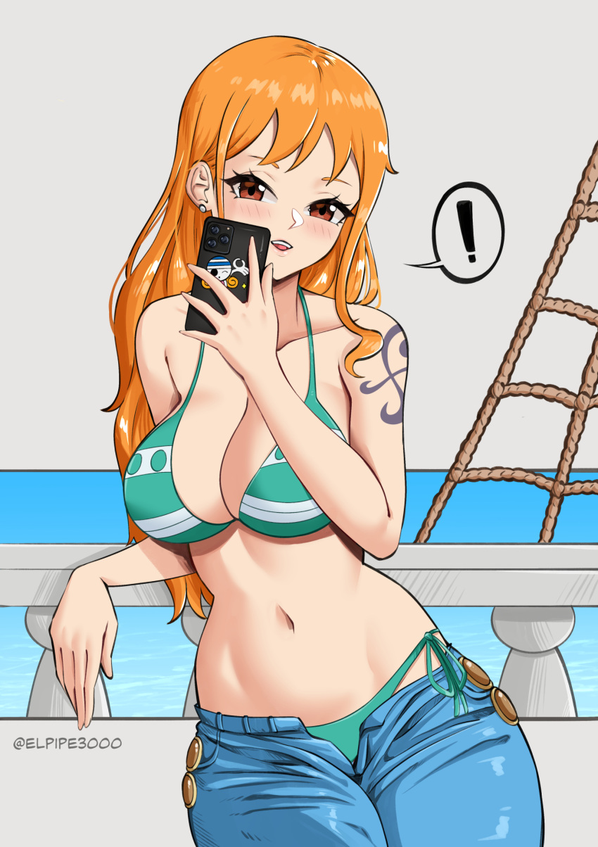 ! 1girls 2020s 2023 against_railing bikini blue_pants blush breasts brown_eyes cellphone collarbone denim earrings elpipe3000 female female_only green_bikini hi_res holding holding_phone jeans jewelry large_breasts light-skinned_female light_skin long_hair looking_at_viewer nami nami_(one_piece) navel one_piece open_fly open_mouth orange_hair outdoors pants phone post-timeskip railing selfie shoulder_tattoo smartphone solo spoken_exclamation_mark standing stomach striped_bikini stud_earrings swimsuit tattoo wavy_hair