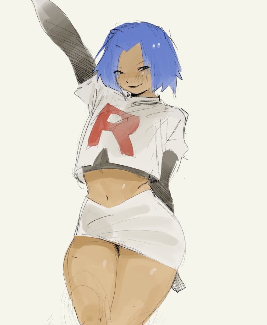 1boy bawlboxer blue_hair crop_top cute_male femboy game_cg girly james_(pokemon) khentaiu khentart male male_only navel nintendo pokemon skirt tagme team_rocket thick_thighs tight_clothing wide_hips