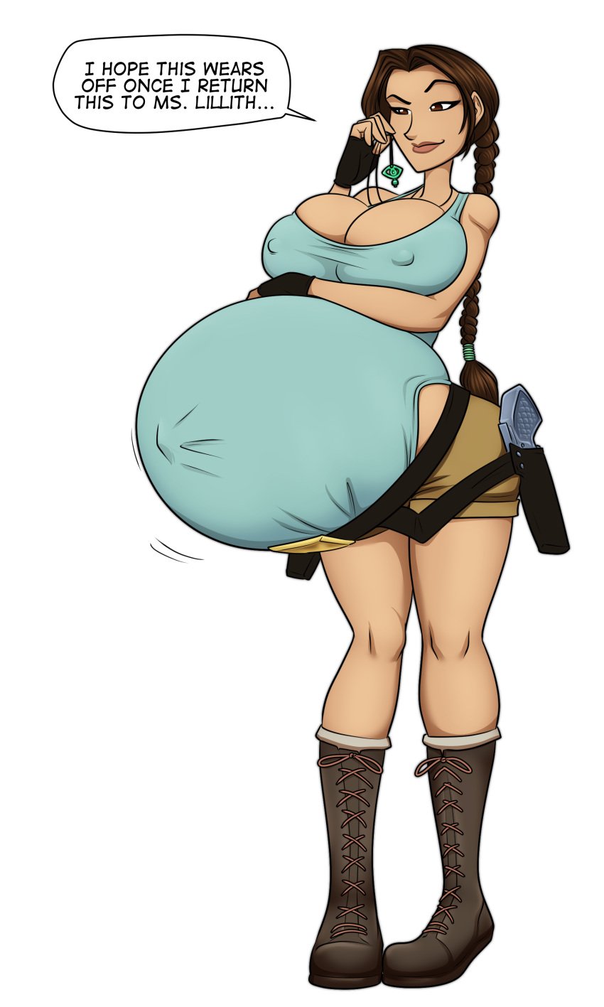 1girls big_belly breasts disproportional english_text female female_only hyper_belly lara_croft lara_croft_(cod) large_breasts nipple_bulge pregnant ready_to_pop riddleaugust solo solo_female text tomb_raider