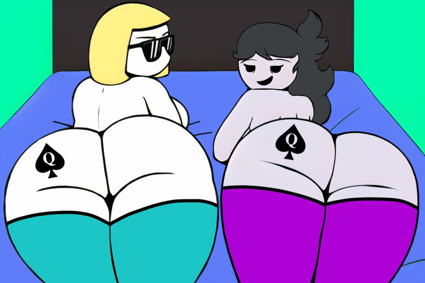 2girls ai_generated ass ass_focus bbw bed bedroom big_ass big_butt blonde_hair blue_leggings dat_ass female female_only glasses green_background grey_hair huge_ass huge_butt human jaiden_animations jaidens_mom large_ass large_butt laying_down laying_on_bed leggings legwear let_me_explain_studios looking_back mature mature_female milf mob_face nai_diffusion old presenting presenting_ass presenting_hindquarters prone purple_leggings queen_of_spades queen_of_spades_symbol rebeccas_mom shades smile smiling stable_diffusion tattoo tattoo_on_butt tattoos white_skin youtube youtuber