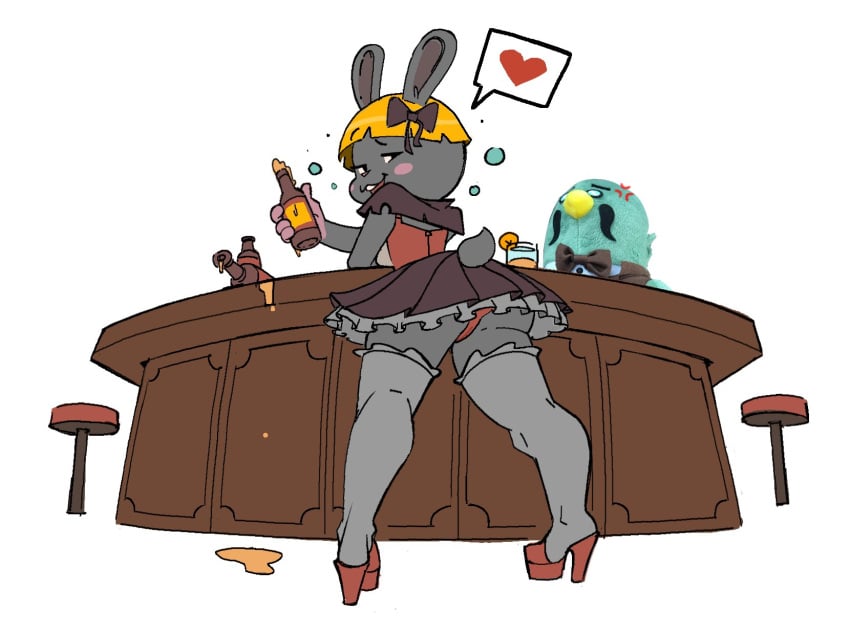 alcohol alcohol_bottle alcoholic_beverage alcoholic_drink bar bonbon_(animal_crossing) brewster_(animal_crossing) high_heels nyurusauce stuffed_animal tagme upskirt