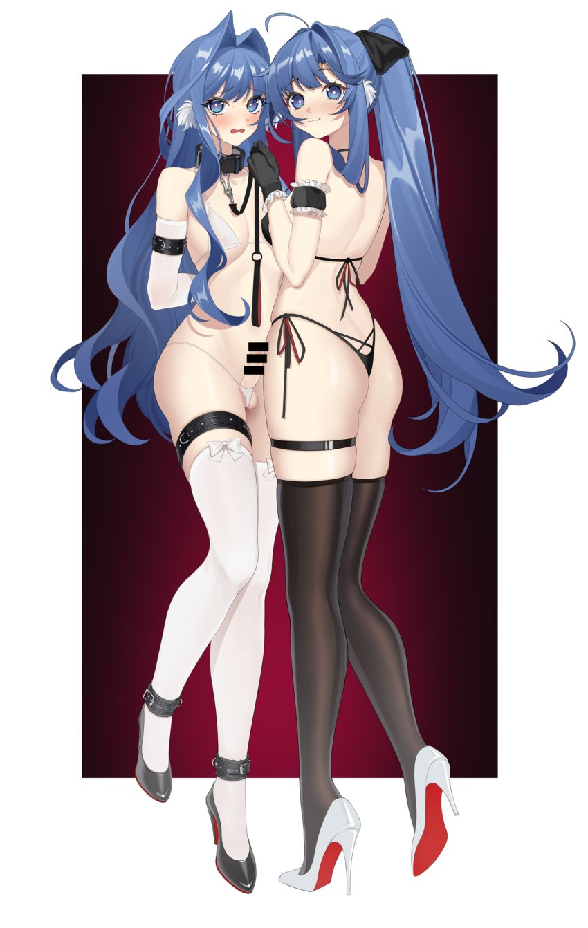 1futa 1girls :3 arknights arms_behind_back ass astesia_(arknights) astgenne_(arknights) bar_censor belt black_bow black_bra black_footwear black_gloves black_panties black_thighhighs blue_eyes blue_hair blush bow bra breasts censored clothed clothing collar covered_nipples duo elbow_gloves erection female from_behind full_body futanari gloves hair_intakes hairbow high_heels highres human leash light-skinned_female light-skinned_futanari light_skin long_hair looking_at_viewer looking_back medium_breasts mostly_nude multiple_girls nervous_sweating panties penis ponytail qianshibu siblings side-tie_panties sisters skindentation smile standing sweat testicles thigh_belt thigh_strap thighhighs underwear very_long_hair white_bra white_footwear white_gloves white_panties white_thighhighs