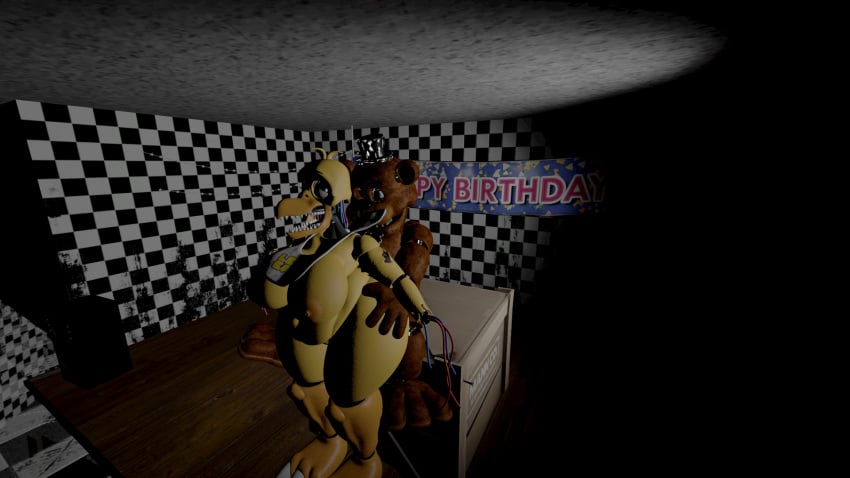 1boy 1girls 3d bib bowtie broken_jaw brown_bear chica_(fnaf) five_nights_at_freddy's five_nights_at_freddy's_2 fnaf freddy_(fnaf) freddy_fazbear huge_boobs light_blue_eyes normal_penis purple_eyes sex tophat withered_chica