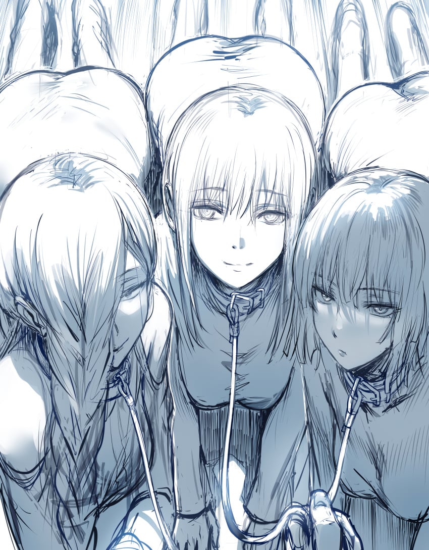 3girls all_fours ass breasts chainsaw_man clothed company_connection crossover female femsub fubuki_(one-punch_man) greyscale harem hews_hack jujutsu_kaisen kneeling large_ass large_breasts leash leash_and_collar light-skinned_female light_skin long_hair looking_at_viewer makima_(chainsaw_man) mei_mei_(jujutsu_kaisen) multiple_girls on_knees one-punch_man short_hair smile submissive_female wide_hips