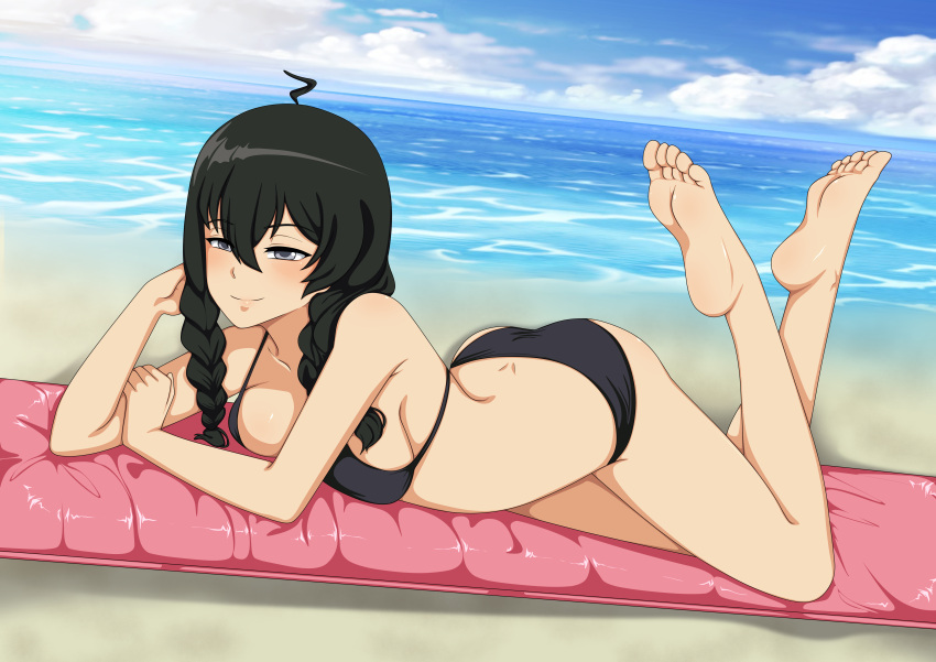 absurd_res absurdres beach black_hair black_swimwear braided_hair braided_twintails confettish feet feet_up female female_only grey_eyes hi_res high_resolution highres lily_ashley ocean seaside side_view silver_eyes smile smiling soles solo solo_female tagme the_pose toes valkyria_chronicles valkyria_chronicles_4