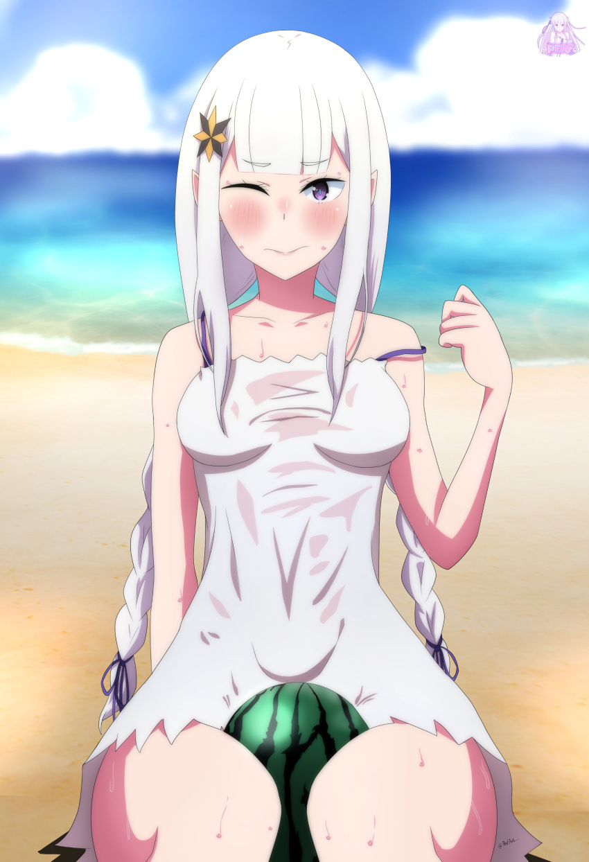 1girls blush female hair_ornament light-skinned_female light_skin one_eye_closed perfart re:zero_kara_hajimeru_isekai_seikatsu satella_(re:zero) solo solo_female solo_focus thick_thighs twintails watermelon watermelon_crushing wet white_dress white_hair