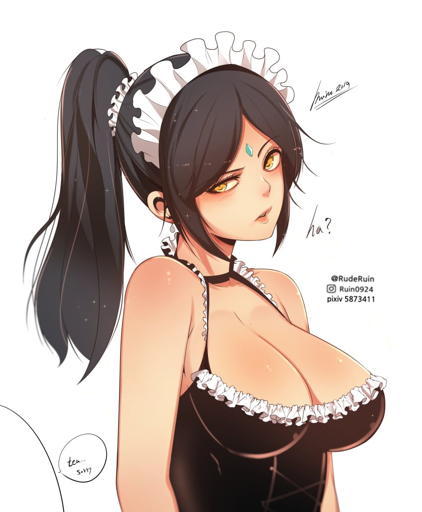 1girls ? big_breasts black_hair black_hair_female boob_window english_text female forehead_jewel french_maid french_maid_nidalee gem_on_forehead high_resolution highres jewel_on_forehead league_of_legends maid maid_headdress maid_outfit nidalee orange_eyes orange_eyes_female riot_games ruderuin ruin0924 simple_background text text_bubble the_grind_series white_background