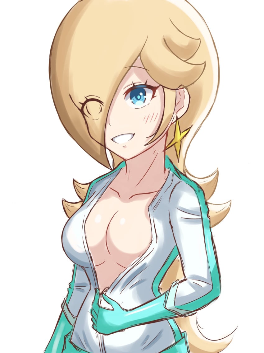 1girls big_breasts blonde_hair blue_eyes bodysuit breasts busty crown earrings female female_only front_zipper gloves jewelry large_breasts long_hair mario_(series) mario_kart nintendo one_eye_covered princess_rosalina racing_suit single_earring smile solo sweat teasing teeth track_suit undressing unzipped unzipped_bodysuit unzipping voluptuous zipper