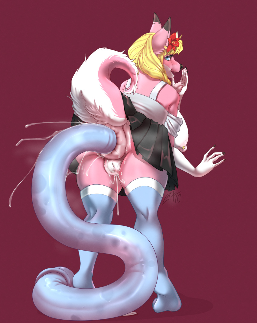 absurd_res accessory anthro anus ass bent_over big_anus big_breasts blonde_hair blue_eyes bodily_fluids bottomwear breasts canid canine canis clothing dildo dildo_shitting double_dildo dragon ear_piercing female flower flower_in_hair fur genital_fluids genitals hair hair_accessory hi_res huge_anus huge_breasts hybrid hyper hyper_anus la.xtc legwear long_dildo looking_at_viewer mammal musk nipple_piercing nipples piercing pink_body pink_fur plant presenting presenting_hindquarters puffy_anus pussy pussy_juice raised_tail roketchu sex_toy shirt skirt solo stockings tail topwear wolf