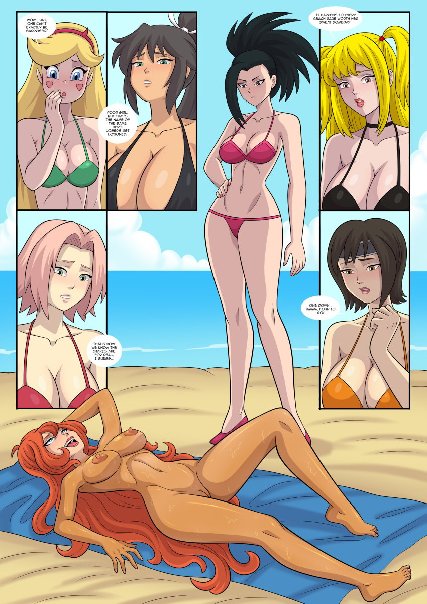 7girls aftermath anoneysnufftan arabatos beach bikini black_hair blonde_hair bloom_(winx_club) blue_eyes blush_stickers breasts comic comic_page company_connection corpse dead death_note dialogue disney disney_channel embarrassed embarrassed_nude_female english_text female female_only final_fantasy final_fantasy_vii headband headband_with_horns heart_stickers homura_(senran_kagura) huge_breasts humiliation killer_lotion laying_down long_hair looking_down lotion misa_amane momo_yaoyorozu multiple_girls my_hero_academia naruto nipples nude ocean oil oiled on_back on_ground peril pink_hair red_hair sakura_haruno sand senran_kagura shounen_jump shueisha sky snuff star_butterfly star_vs_the_forces_of_evil summer sunbathing sunscreen swimsuit weekly_shonen_jump winx_club yuffie_kisaragi