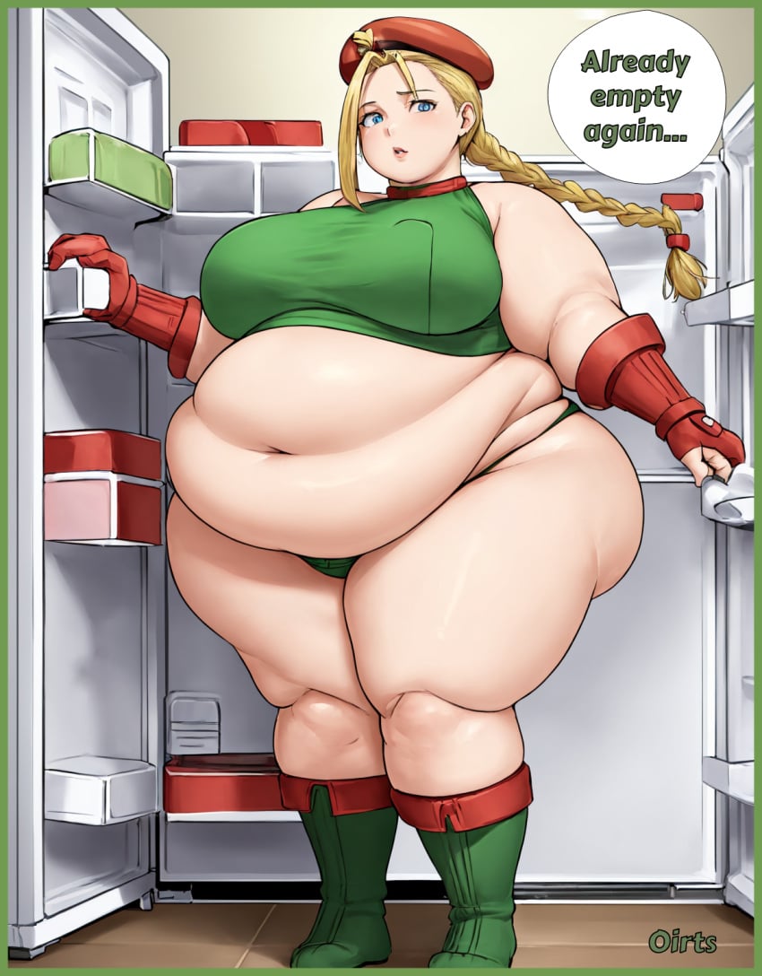 ai_generated bbw belly_overhang big_belly big_breasts big_female blush cammy_white chubby chubby_female embarrassed fat fat_ass fat_female fat_fetish fat_girl fat_rolls fat_woman fatty fridge large_female obese obese_female overweight overweight_female plump pork_chop speech_bubble street_fighter thick_thighs weight_gain