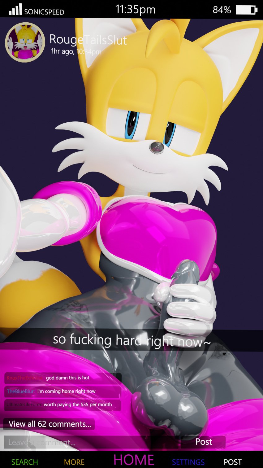 1boy 3d 3d_(artwork) anthro blender blender_cycles comments crossdressing eggsaladsandwich femboy fox furry latex latex_clothing latex_gloves latex_legwear latex_suit male masturbation onlyfans phone_screen phone_view sega solo sonic_(series) sonic_the_hedgehog_(series) tails yaoi