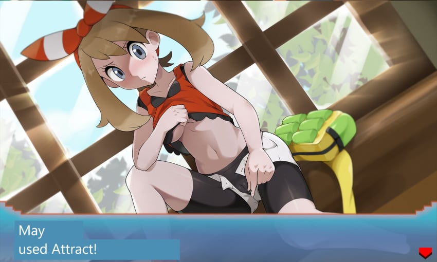 attract_(pokemon_move) backpack badge bag bandana battle bike_shorts blue_eyes blush breasts breasts_out brown_hair cowgirl_position cum cum_in_pussy cum_inside defeated defeated_male determined domination_loss english_text erect_penis father_and_daughter female flaccid_after_cumming flaccid_penis_after_sex gameplay_mechanics gym_leader hat health_bar highres hp_bar kim_da-yoon long_hair may_(pokemon) may_(pokemon_oras) nintendo nipple_tweak nipples pants_down penetration penis philipposter pokemon pokemon_(game) pokemon_battle pokemon_oras ribbon sex_battle shocked shocked_expression shorts smile sweat translated wince