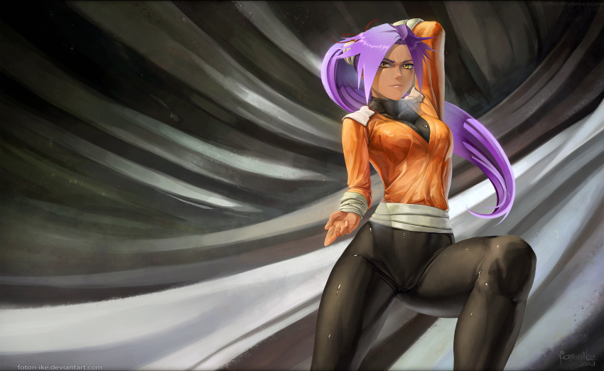 1girls arm_up artist_signature bleach breasts cameltoe clothes dark-skinned_female dark_skin foton-ike froxalt high_resolution highres large_breasts leg_up long_hair orange_jacket ponytail purple_hair ribbon shihouin_yoruichi skin_tight solo solo_female thighs tight_clothing wrist_wraps