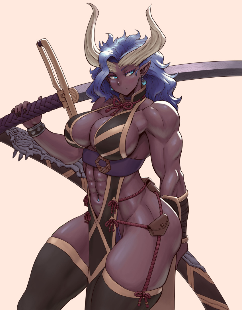 1girls abs blue_eyes blue_hair breasts dark-skinned_female dark_skin earrings hi_res holding_object horns large_breasts muscular muscular_female navel_piercing nonneim original simple_background solo sword thick_thighs thighhighs weapon white_background