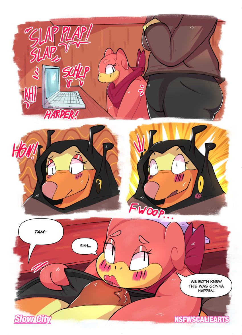 anthro clothing comic farigiraf female generation_1_pokemon generation_9_pokemon genitals hi_res leggings legwear mostly_nude nintendo nsfwscaliearts penis pink_body pokemon pokemon_(species) slightly_chubby slowpoke tammy_(goopyarts) teasing text thick_thighs thigh_highs wide_hips