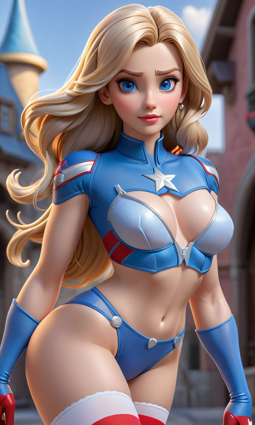 1girls ai_clothes ai_generated aurora_(sleeping_beauty) boob_window breasts captain_america_(cosplay) captain_america_(series) cleavage disney disney_princess female female_only hidden_hands_because_ai marvel princess royalty sleeping_beauty_(1959_film) swimsuit