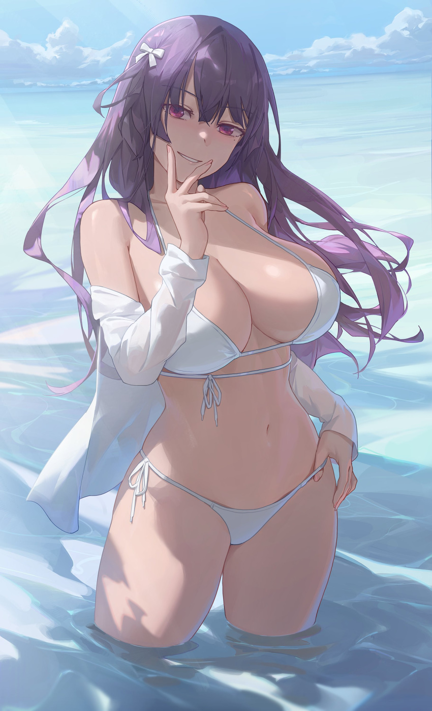 1girls beach bikini breasts character_request cleavage copyright_request female hi_res huge_breasts light-skinned_female light_skin long_hair outdoors purple_eyes purple_hair smile wet wet_body yohan1754