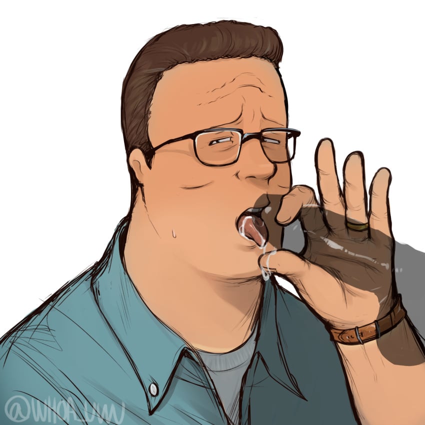 blowjob brown_hair brown_hair_male cencored clothing cum cum_on_tongue embarrassed face_closeup fingers_on_penis fully_clothed gay glasses hand_on_penis hank_hill king_of_the_hill male middle_aged older_male simple_background tongue_out transparent_penis wedding_ring white_background whoa_uwu