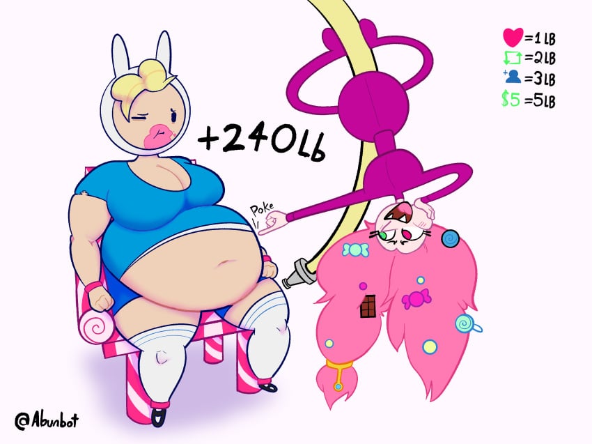 abunbot adventure_time blonde_hair breasts candy candy_queen cartoon_network clothing dessert digital_media_(artwork) duo english_text female female/female fionna_the_human_girl food hair hi_res human humanoid mammal not_furry obese overweight overweight_female simple_background smile stuffing text thick_thighs weight_gain weight_gain_drive wide_hips