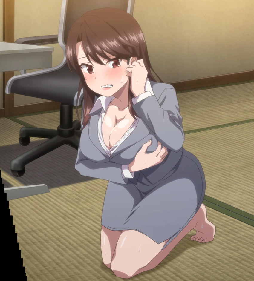 1girls accurate_art_style ass blush breasts brown_eyes brown_hair cleavage clothing conscious hips ikazuchi_riko large_ass large_breasts screencap screenshot secret_mission_sennyuu_sousakan_wa_zettai_ni_makenai! stitched sweat thick_thighs thighs wide_hips