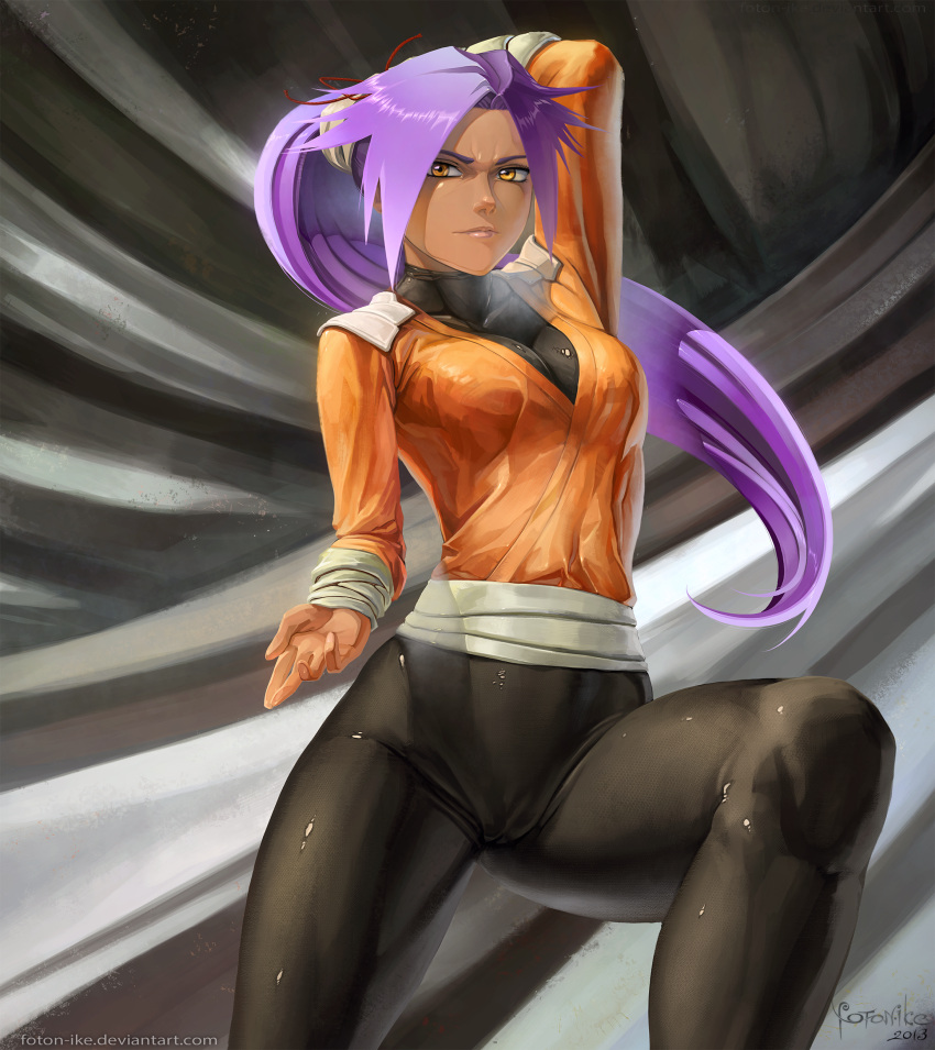 1girls arm_up artist_signature bleach breasts cameltoe clothes dark-skinned_female dark_skin foton-ike froxalt high_resolution highres large_breasts leg_up long_hair orange_jacket ponytail purple_hair ribbon shihouin_yoruichi skin_tight solo solo_female thighs tight_clothing wrist_wraps