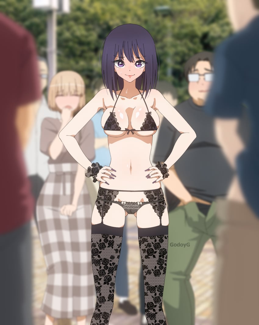 2girls 4boys :o absurdres apron black_bra black_panties black_thighhighs blurry blurry_background blurry_foreground bra breasts closed_mouth cosplay day felipe_godoy hands_on_own_hips highres implied_masturbation kitagawa_marin kuroe_shizuku_(cosplay) lingerie looking_at_viewer male_masturbation masturbation medium_breasts multiple_boys multiple_girls multiple_males outdoors panties purple_eyes purple_hair smile solo_focus sono_bisque_doll_wa_koi_wo_suru thighhighs underwear