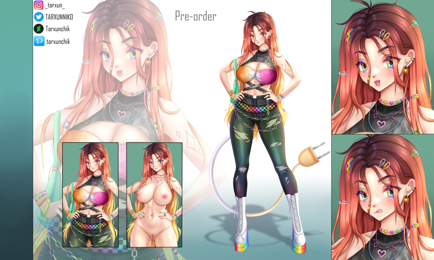 adoptable anime anime_style belly belt big_breasts big_nipples boots bracelet breasts chains clothed clothing commission commission_art cute cute_face ear_piercing earring earrings hair hairpin jeans long_hair makeup nail_polish nipples open_mouth orange_hair pink_nipples pussy pussy_lips rainbow rainbow_eyes red_hair ring rings ripped_clothing ripped_pants smile smiling tagme tail tarxunniko tattoo thick_thighs thighs topless white_background yellow_hair