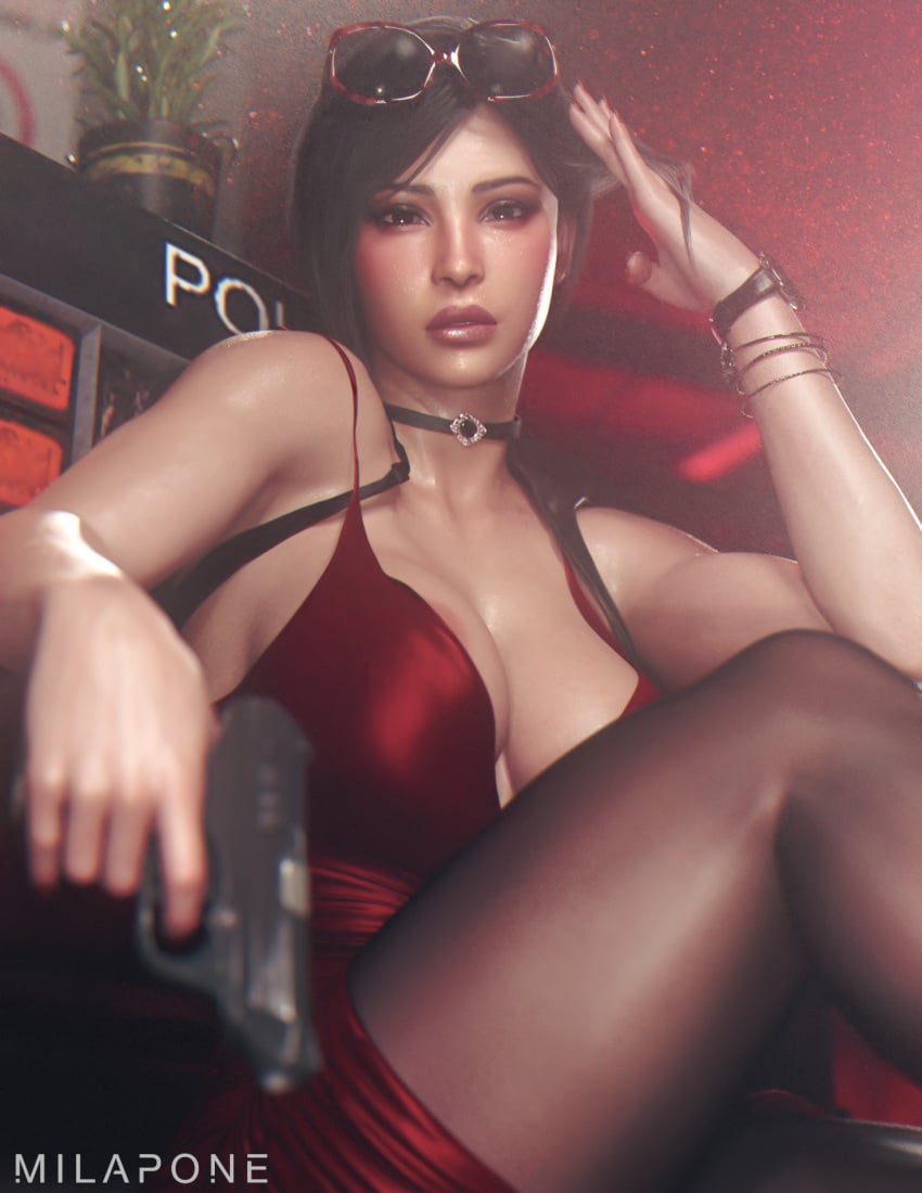 1girls 3d ada_wong ada_wong_(adriana) asian asian_female ass big_ass big_breasts biohazard black_hair black_nail_polish breasts busty capcom dress female female_focus female_only fully_clothed gun hourglass_figure lifting_sunglasses makeup milapone o7 pinup pinup_pose pose posing resident_evil resident_evil_2 resident_evil_2_remake short_hair solo sunglasses_on_head tagme thick_thighs wide_hips