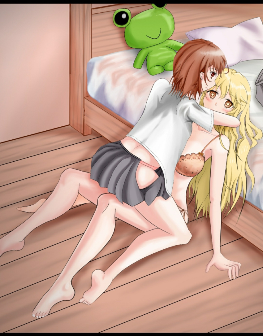 +_+ 10s 2019 2girls antarctica_(artist) bare_legs bare_shoulders barefoot bed bedroom blonde_hair blush bra breasts brown_eyes brown_hair collarbone female full_body gekota hug indoors large_breasts light-skinned_female light_skin long_hair looking_at_viewer looking_back matching_hair/eyes miniskirt misaka_mikoto multiple_girls on_ground open_clothes open_skirt panties school_uniform shokuhou_misaki short_hair sitting skirt smile star-shaped_pupils star_(symbol) straddling string_panties symbol-shaped_pupils teenage_couple teenage_girl teenager teenager_on_teenager to_aru_kagaku_no_railgun to_aru_majutsu_no_index underwear underwear_only unusual_pupils yellow_eyes young yuri