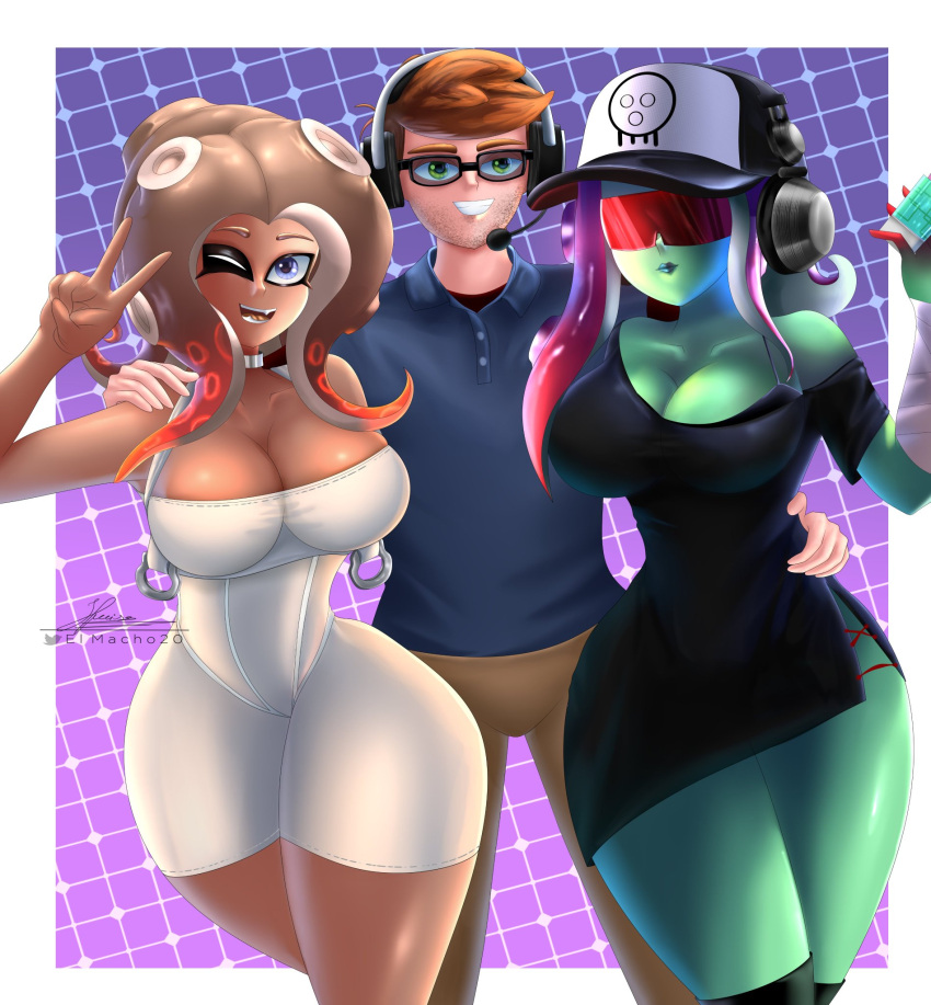 1boy 2girls acht_(splatoon) agent_8_(side_order) agent_8_(splatoon) big_breasts breasts clothed clothing dedf1sh el_macho_20 green_skin hands_on_shoulders headphones headset hips holy_shit_zackscottgames octoling octoling_girl peace_sign smile smiling splatoon splatoon_(series) splatoon_3 splatoon_3:_side_order tentacle tentacle_hair thick_thighs thighs voluptuous wide_hips zackscott