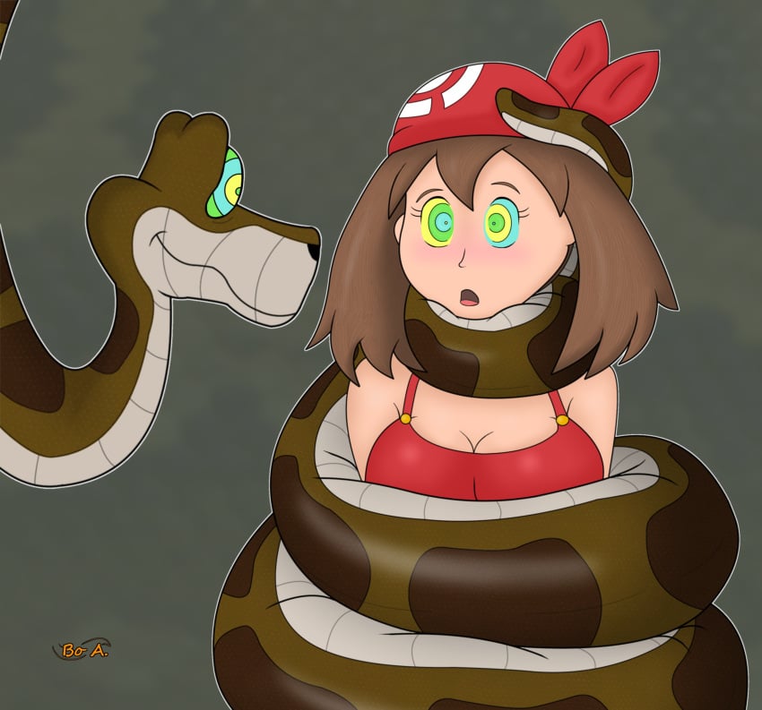 big_breasts brown_hair choking clothing coiling coils crossover disney human hypnosis kaa kaafan33 may_(pokemon) nintendo pokemon red_topwear snake squeezing the_jungle_book