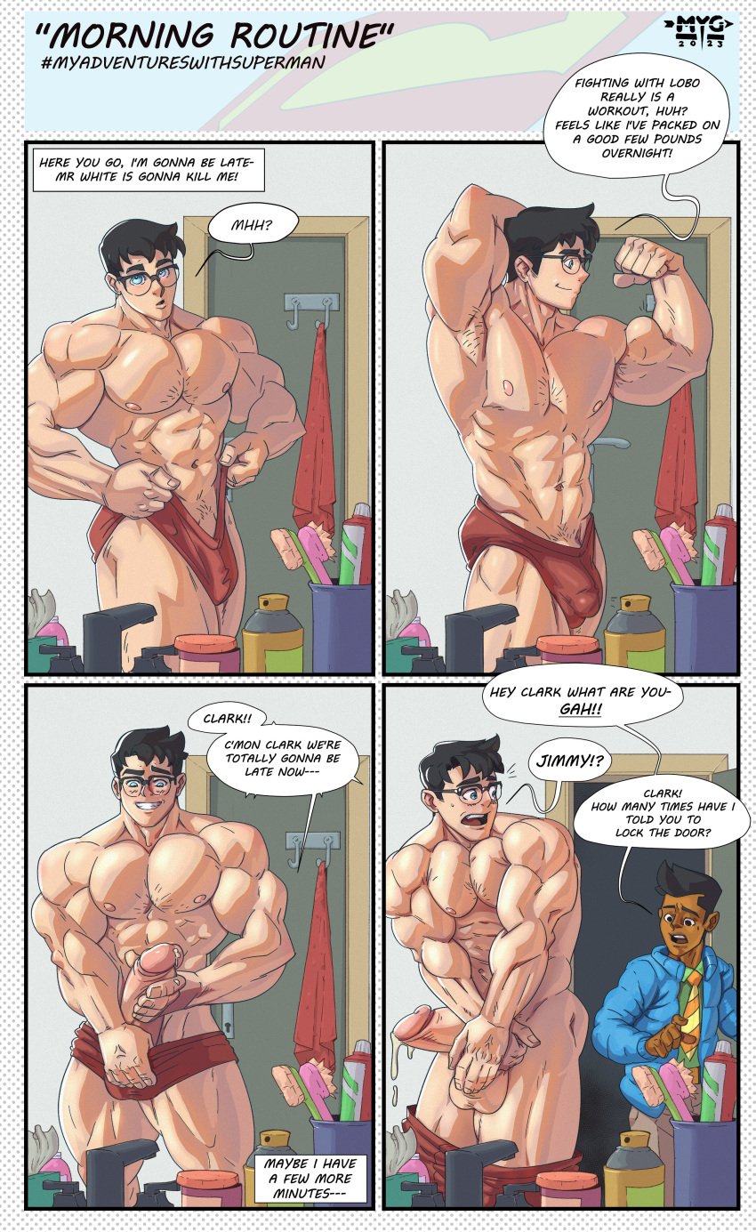 2boys balls bathroom big_penis black_hair caught_off_guard clark_kent clark_kent_(my_adventures_with_superman) dark-skinned_male dc dc_comics flexing glasses jimmy_olsen jimmy_olsen_(my_adventures_with_superman) kryptonian light-skinned_male male_only muscular muscular_male my_adventures_with_superman mygetawayart speech_bubble tagme text underwear underwear_down