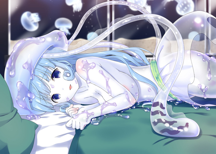 2d areola artist_cg bed bedroom bedsheets blue_eyes blue_hair blue_skin curly_hair female happy jellyfish jellyfish_humanoid large_breasts long_hair lying lying_on_bed monster_girl nude on_side open_mouth pillow sand see-through slime tendrils