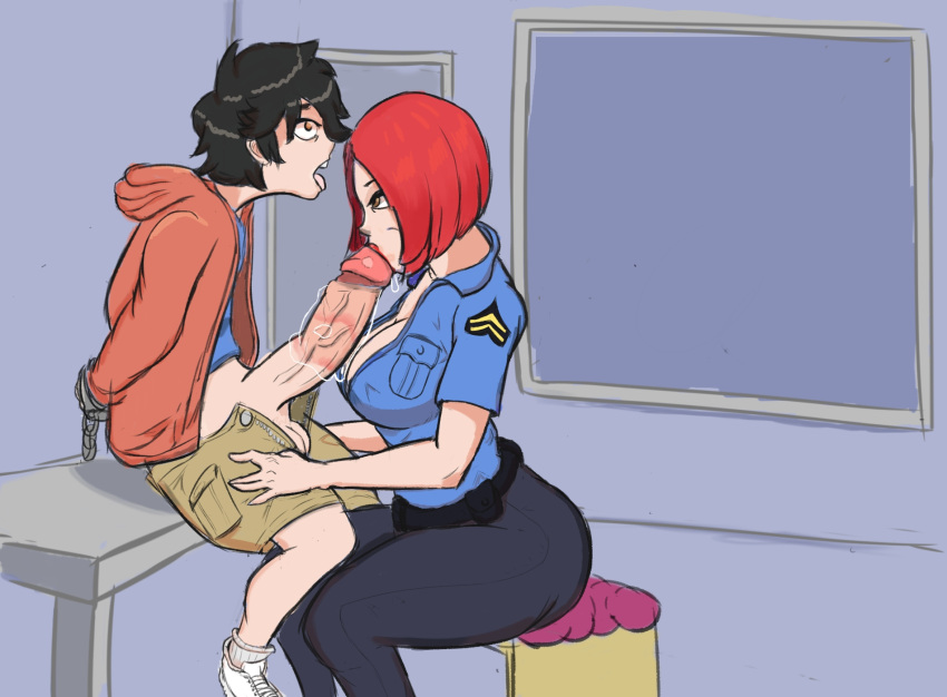 1boy 1girls big_breasts big_penis blowjob clothed fellatio handcuffs jobonbon lipstick lipstick_on_penis original_character police police_uniform policewoman restrained smaller_male