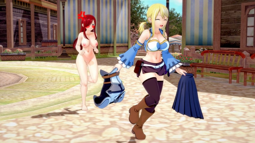 2girls armor bandeau barefoot black_thighhighs blonde_hair boots breasts chasing clothed_female_nude_female completely_nude completely_nude_female cropped_vest erza_scarlet fairy_tail female female_only long_hair lucy_heartfilia midriff miniskirt multiple_girls navel nipples nude nude_female pussy red_hair retropunch running senftember senftember_(2023) skirt sleeveless_vest stolen_clothes stripped_naked tagme theft thighhighs twintails undressing undressing_another